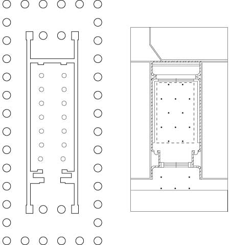 Plans du temple d'Héra à Paestum extrait de l'ouvrage intitulé 'Monde grec' cité en bibliographie et de Paley Park à la même échelle. Le plan de Paley Park a été réalisé par l'auteur d'après un relevé rapide et des photographies.